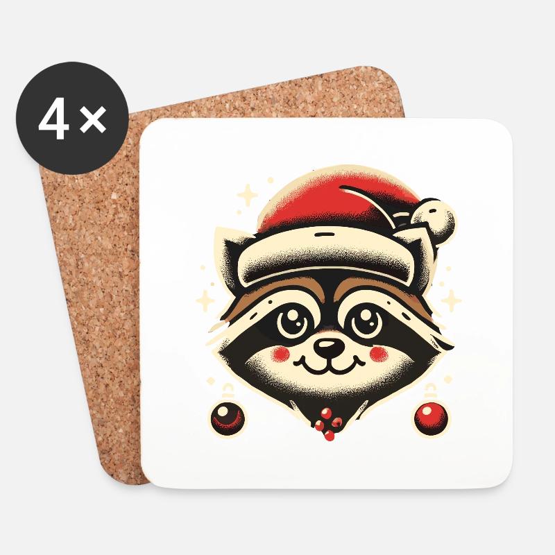 Fröhlicher Waschbär Mit Weihnachtsmütze - Untersetzer (4er-Set) - Weiß