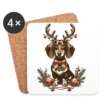 Teckel de Noël avec bois et arc - Dessous de verre (lot de 4) - blanc - Devant