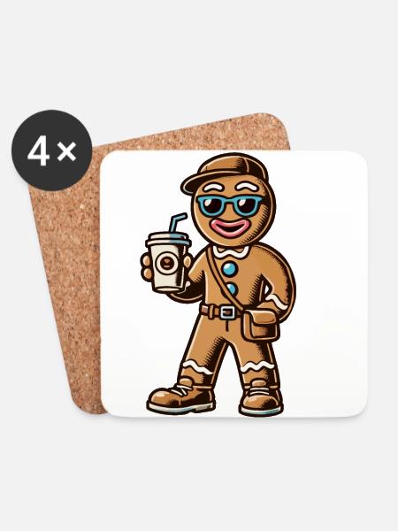 Funny gingerbread man with coffee for Christmas - Coasters (set of 4) - white