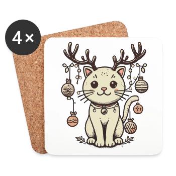 Niedliche Weihnachtskatze Mit Geweih - Untersetzer (4er-Set) - Weiß - Vorne
