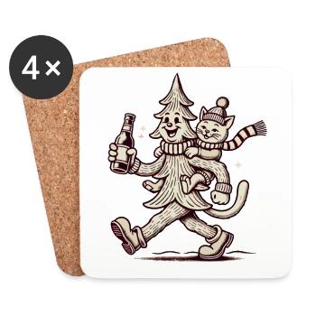 Retro Christmas Tree And Cat Winter Fun - Coasters (set of 4) - white - Front