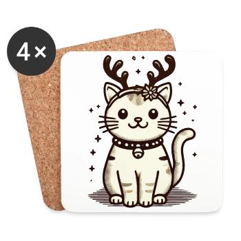 Chat de Noël avec des bois de renne - Dessous de verre (lot de 4) - blanc - Devant