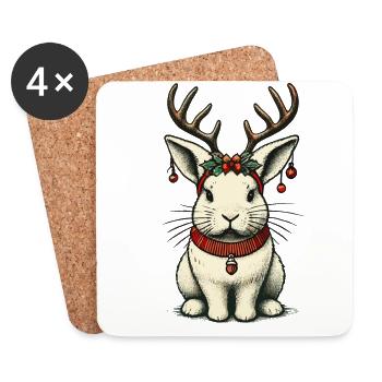 Lapin de Noël avec bois et cloches - Dessous de verre (lot de 4) - blanc - Devant