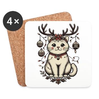 Weihnachtliche Katze Mit Geweih Und Kugeln - Untersetzer (4er-Set) - Weiß - Vorne