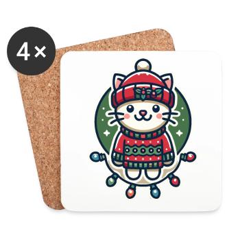 Chat de Noël avec chapeau et guirlandes lumineuses - Dessous de verre (lot de 4) - blanc - Devant