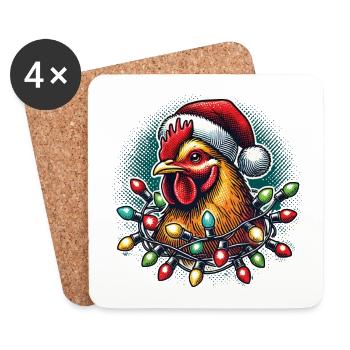 Coq de Noël drôle avec des guirlandes lumineuses - Dessous de verre (lot de 4) - blanc - Devant