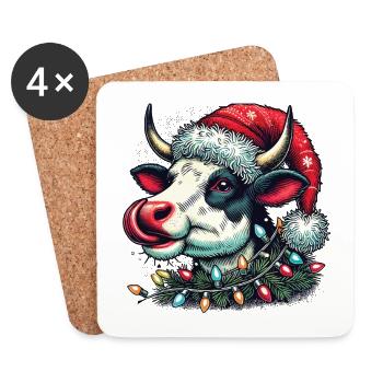 Lustige Kuh Mit Weihnachtsmütze - Untersetzer (4er-Set) - Weiß - Vorne