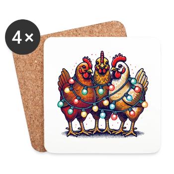 Poulets drôles de Noël avec des guirlandes lumineuses - Dessous de verre (lot de 4) - blanc - Devant