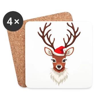 Renne de Noël avec bonnet rouge - Dessous de verre (lot de 4) - blanc - Devant
