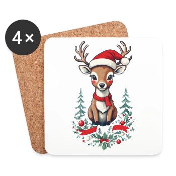 Renne avec chapeau et couronne de Noël - Dessous de verre (lot de 4) - blanc - Devant
