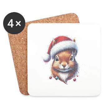 Weihnachtliches Eichhörnchen Mit Weihnachtsmütze - Untersetzer (4er-Set) - Weiß - Vorne