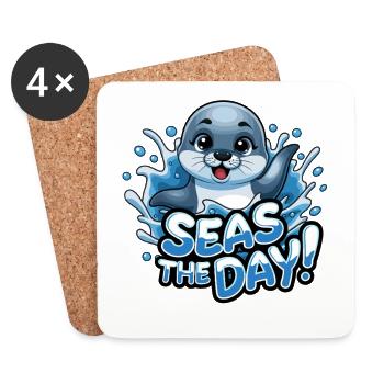 Experience the day with a cheerful seal - - Coasters (set of 4) - white - Front