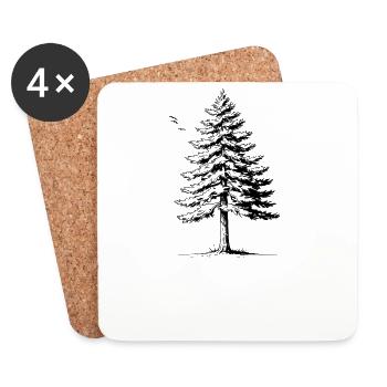 Spruce Tree & Birds Silhouette - Coasters (set of 4) - white - Front