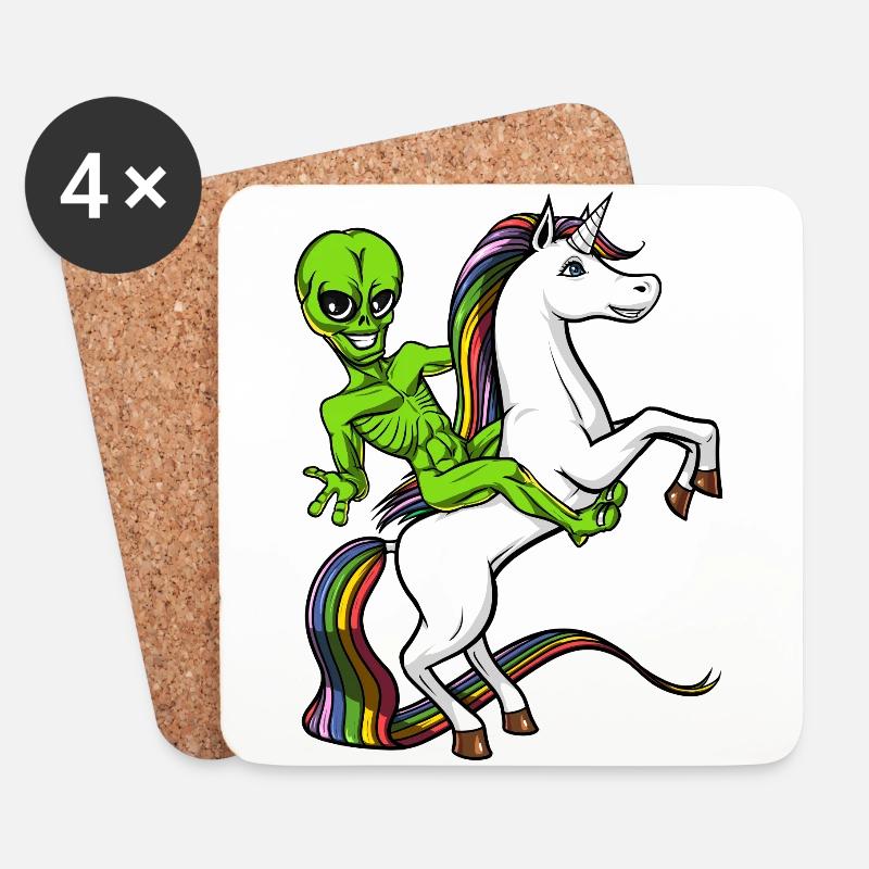 Space Alien Riding Unicorn UFO Cosmic - Coasters (set of 4) - white