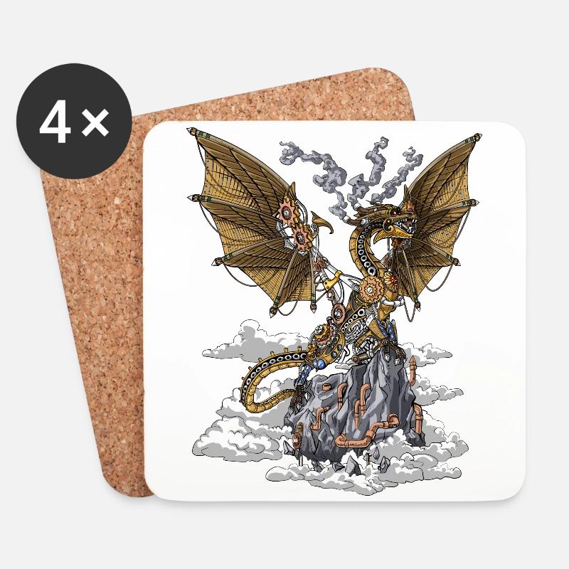 Steampunk-Drache - Untersetzer (4er-Set) - Weiß