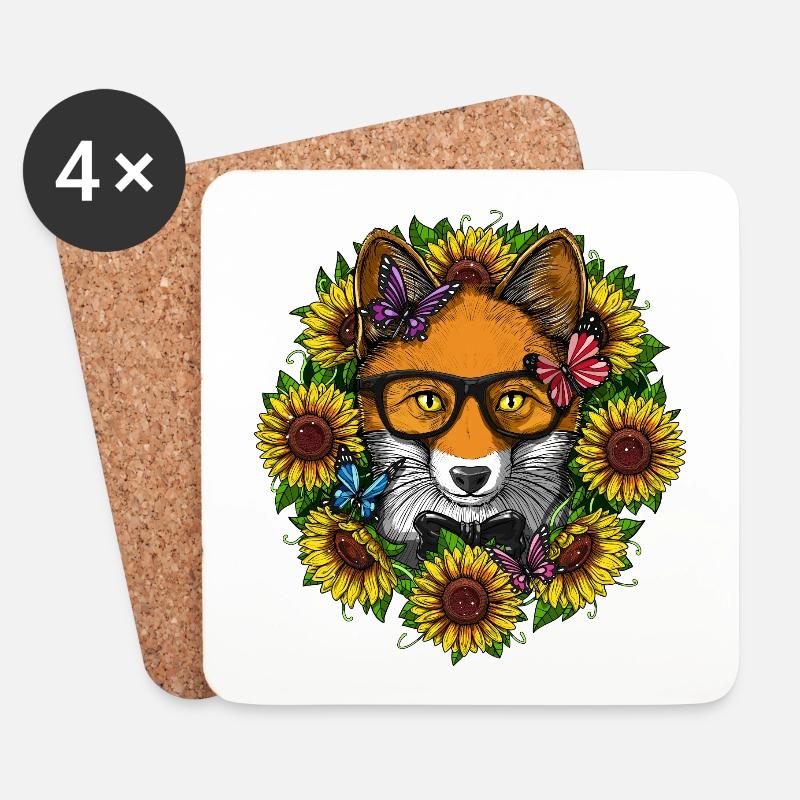 Fox Hippie Sunflowers - Coasters (set of 4) - white