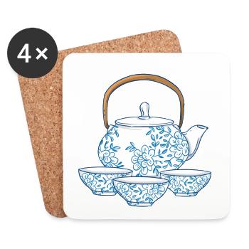 Tea or coffee pot with cups of Asian art - Coasters (set of 4) - white - Front