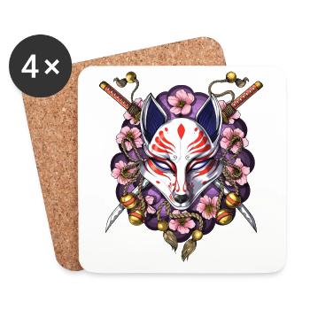 Kitsune Japanische Fuchsmaske - Untersetzer (4er-Set) - Weiß - Vorne