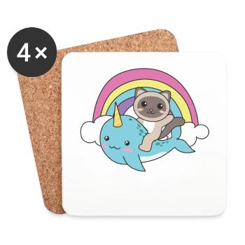 Narwhal Siam cat ocean unicorn kawaii rainbow - Coasters (set of 4) - white - Front