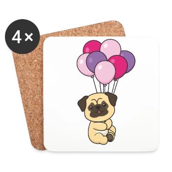 Carlin avec ballons pour chiens mignons d’anniversaire - Dessous de verre (lot de 4) - blanc - Devant