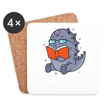 Dino reads a book Dinosaur Reptile - Coasters (set of 4) - white - Front