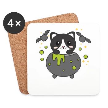 Katze Happy Halloween Hexenkessel Fledermaus - Untersetzer (4er-Set) - Weiß - Vorne
