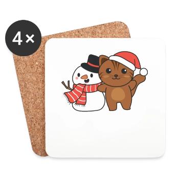 Cat with snowman in winter at Christmas - Coasters (set of 4) - white - Front