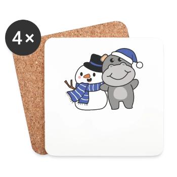Hippo avec bonhomme de neige en hiver pour Noël - Dessous de verre (lot de 4) - blanc - Devant