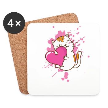 Chat avec cœur dans un animal de style kawaii Japon - Dessous de verre (lot de 4) - blanc - Devant