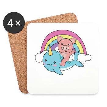 Narwhal Pig Ocean Unicorn kawaii Rainbow - Coasters (set of 4) - white - Front
