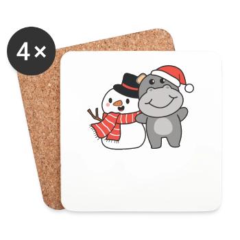 Hippo with snowman in winter for Christmas - Coasters (set of 4) - white - Front