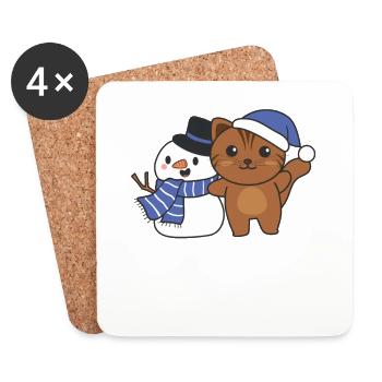 Cat with snowman in winter for Christmas - Coasters (set of 4) - white - Front