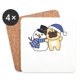 Pug with snowman in winter for Christmas - Coasters (set of 4) - white - Front