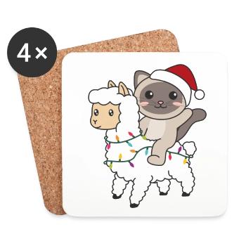 Katze Lama Alpaka Weihnachten Schnee Winter Tiere - Untersetzer (4er-Set) - Weiß - Vorne