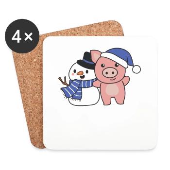 Pig with snowman in winter for Christmas - Coasters (set of 4) - white - Front