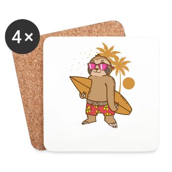 Paresseux paresseux sur la plage avec planche de surf - Dessous de verre (lot de 4) - blanc - Devant