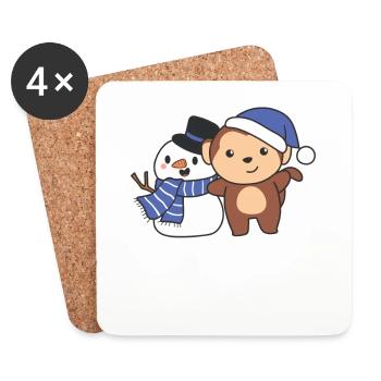 Singe avec bonhomme de neige en hiver pour Noël - Dessous de verre (lot de 4) - blanc - Devant