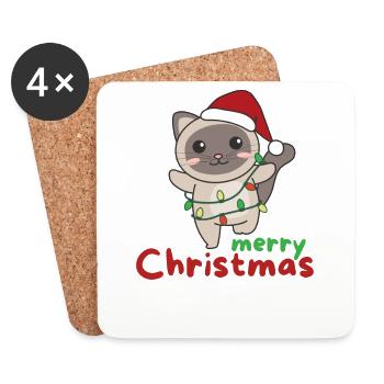 Chat Joyeux Noël Hiver Animaux Chats - Dessous de verre (lot de 4) - blanc - Devant