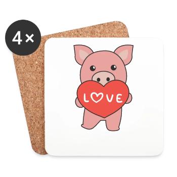 Cochon pour la Saint-Valentin animaux mignons avec des cœurs - Dessous de verre (lot de 4) - blanc - Devant