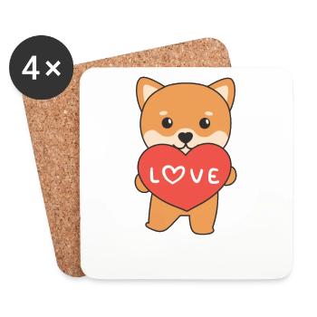 Shiba Inu pour la Saint-Valentin des animaux mignons avec des cœurs - Dessous de verre (lot de 4) - blanc - Devant