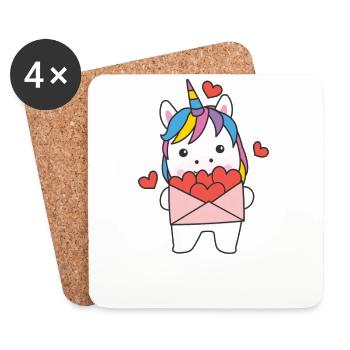 Licorne pour la Saint-Valentin animaux mignons avec des cœurs - Dessous de verre (lot de 4) - blanc - Devant