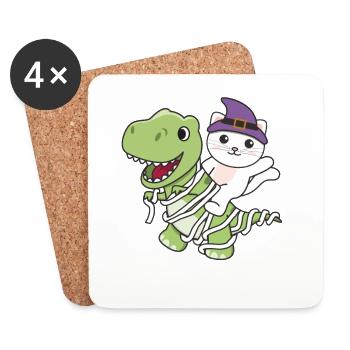 Cat Happy Halloween T-Rex Mummy Costume - Coasters (set of 4) - white - Front