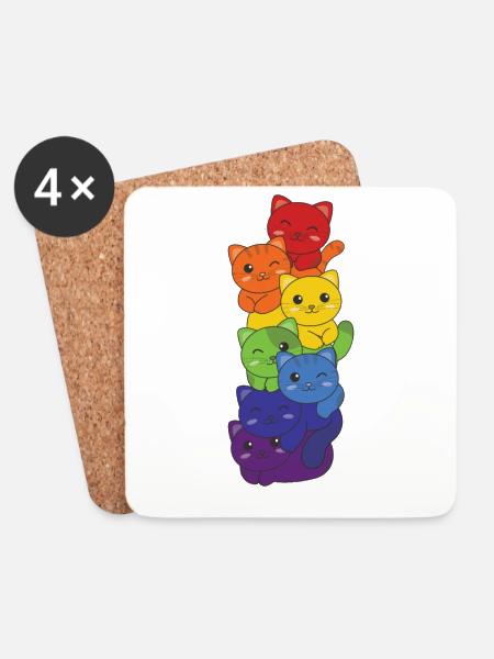 Regenbogen Flag Pride LGBTQ süßer Katze Stapel - Untersetzer (4er-Set) - Weiß