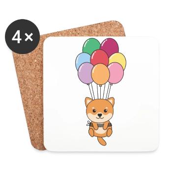 Shiba Inu vole vers le sommet avec des ballons colorés - Dessous de verre (lot de 4) - blanc - Devant