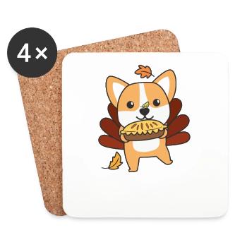 Tenue du jour de Thanksgiving Corgi à la dinde avec tarte - Dessous de verre (lot de 4) - blanc - Devant