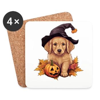 Halloween Chapeau de Sorcière Citrouille Chien Golden Retriver - Dessous de verre (lot de 4) - blanc - Devant