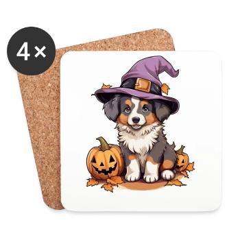 Halloween Chapeau de Sorcière Citrouille Chien Berger Australien - Dessous de verre (lot de 4) - blanc - Devant