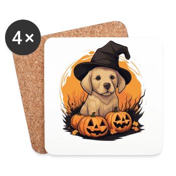 Halloween Chapeau de Sorcière Citrouille Chien Labrador - Dessous de verre (lot de 4) - blanc - Devant