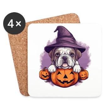 Halloween Chapeau de Sorcière Citrouille Chien Bulldog - Dessous de verre (lot de 4) - blanc - Devant
