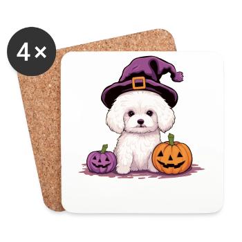 Halloween Witch Hat Pumpkin Dog Bichon Frise - Coasters (set of 4) - white - Front